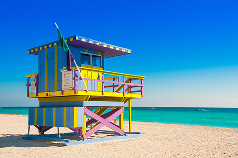 A stock photo of a lifeguard station on South Beach, Miami, Florida.