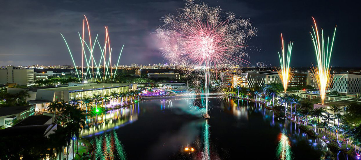 A photo of a firework display on the University of Miami Coral Gables campus.